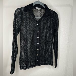 button up collared mesh lace top